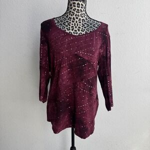 Dressbarn burgundy sequin blouse with silver sequin 3/4 sleeves